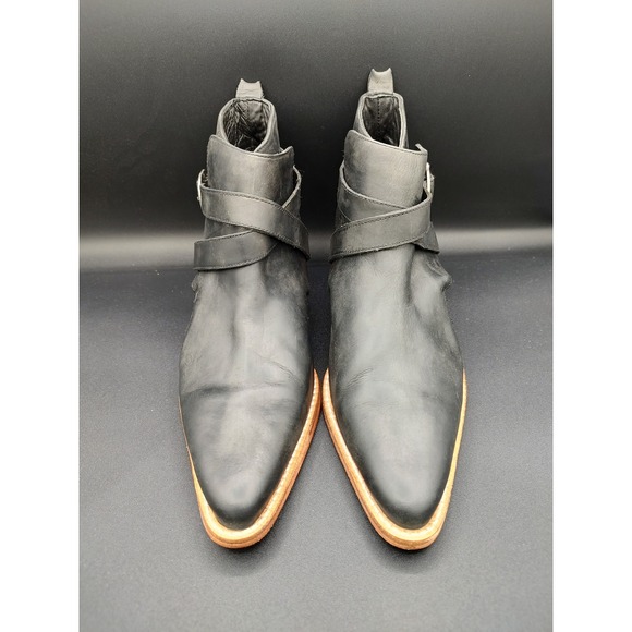 Free People Black Leather Buckle Ankle Boots Womens 39.5 Pointed Toe Block Heel - Picture 4 of 11